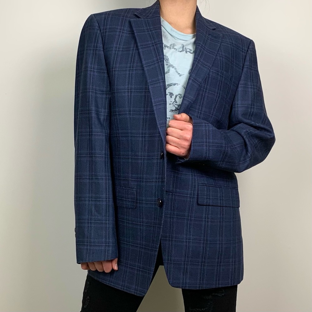 Vintage Lauren Ralph Lauren Oversized Grandpa Silk Wool Blue Plaid Blazer